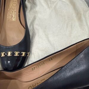Salvatore Ferragamo Black Leather Flats with Gold Chain Detail